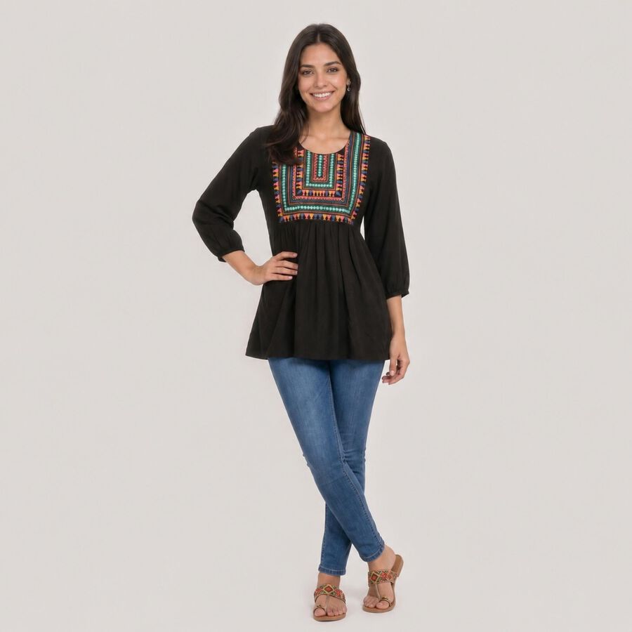 Women's Black Round Neck Embroidered Kurti, Black, large