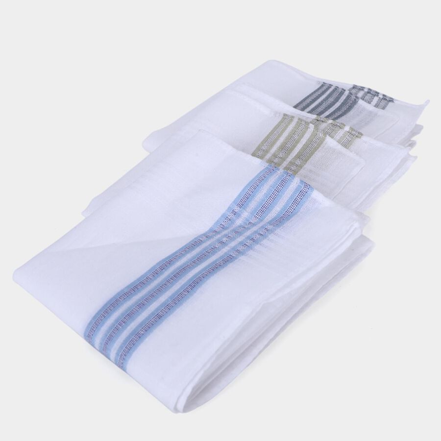 Men's White Striped Border Pack of 3 Handkerchief, White, large