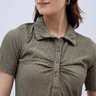 Women's Muted Olive Green Collared Empire Style Dress, Light Green, small