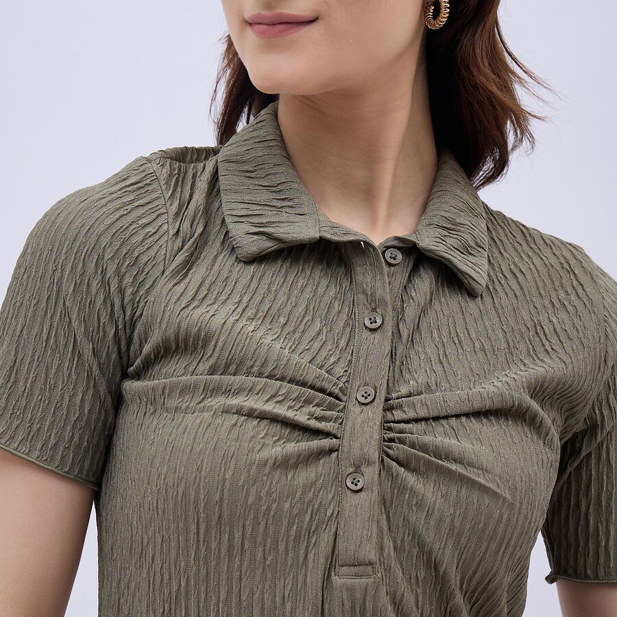 Women's Muted Olive Green Collared Empire Style Dress, Light Green, large