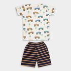 Boys' Off White Cotton Round Neck Printed Baba Suit, Off White, small image number null