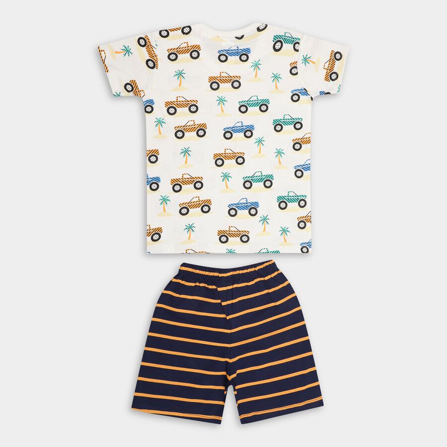 Boys' Off White Cotton Round Neck Printed Baba Suit, Off White, large image number null