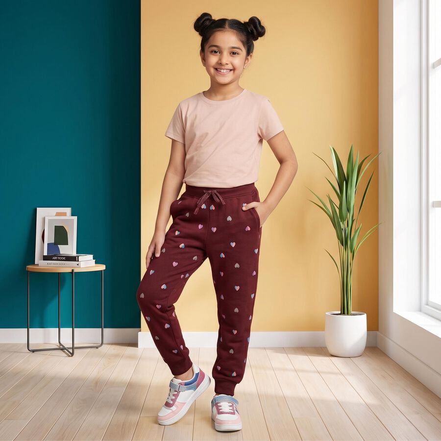 Girls' Maroon Regular Fit Heart Jogger Pyjama, वाइन, large