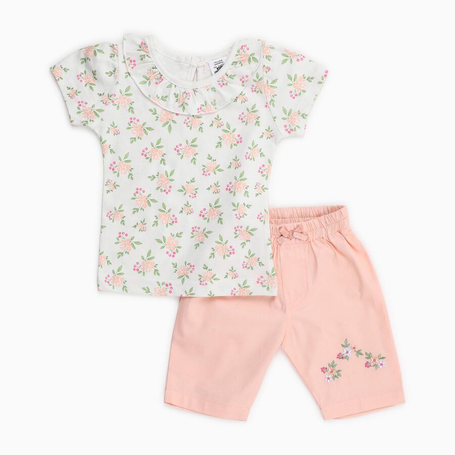Infants' White Cotton Floral Top and Peach Capri Set, Light Pink, large image number null