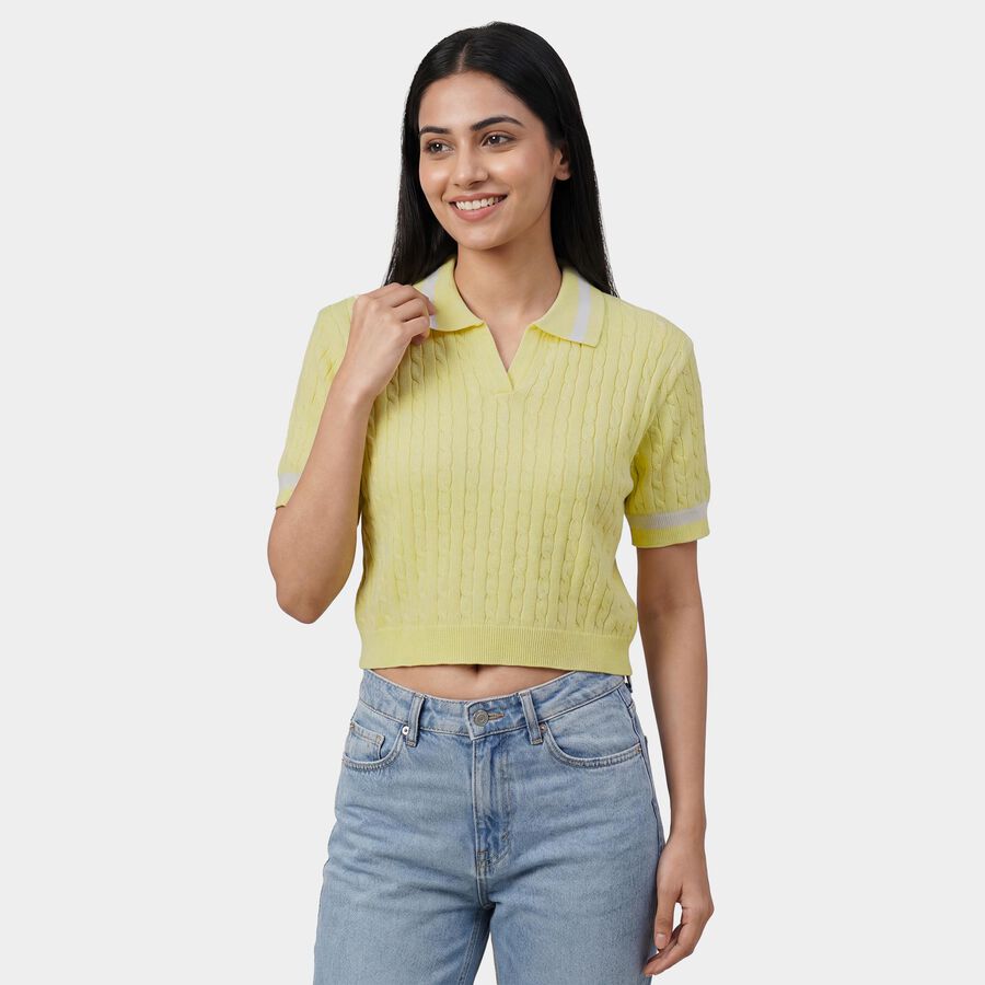 Women's Yellow Cotton Round Neck Casual Top, Yellow, large