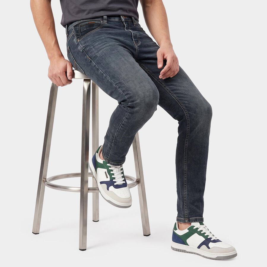 Men's Navy Blue Slim Fit Washed Jeans, Dark Blue, large