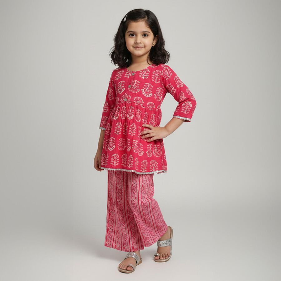 Girls Bright Pink Printed Round Neck Bohemian Kurta and Palazzo Fusion Set, रानी (फ्यूशिया), large image number null
