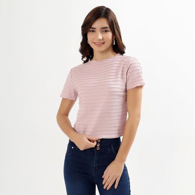 Ladies' Light Pink Round Neck Casual Crop Top