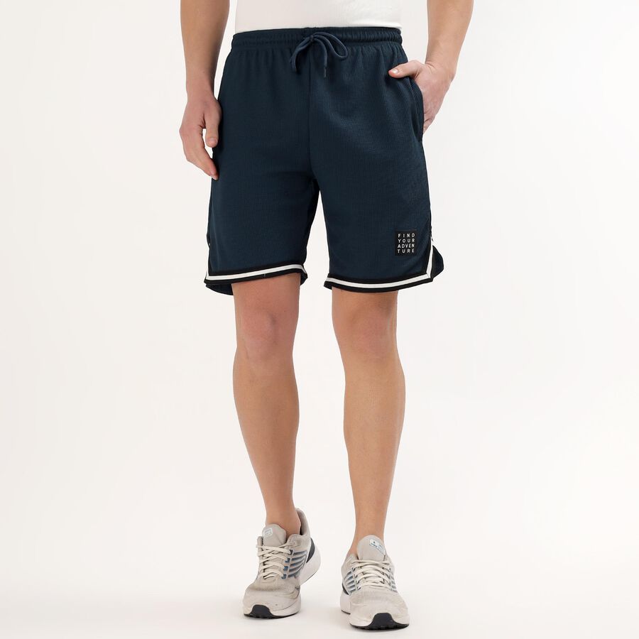 Men's Deep Navy Blue Regular Fit Textured Bermuda Shorts, Teal Blue, large