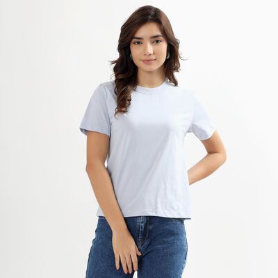 Women's Light Powder Blue Cotton Round Neck Casual T-Shirt