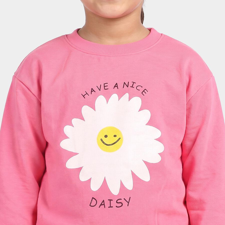 Girls' Pink Round Neck Pullover Sweatshirt, Pink, large