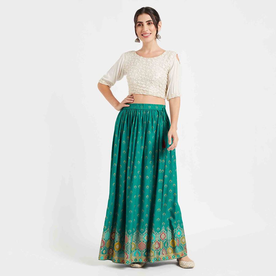 Printed Lehenga Skirt, Teal Blue, large image number null