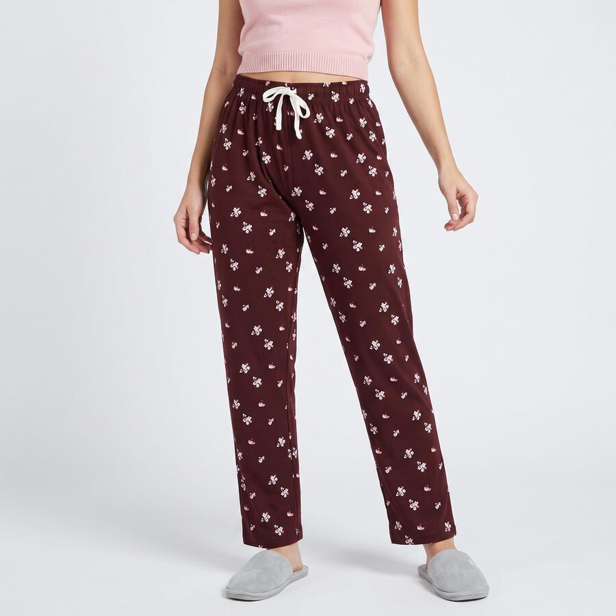 Women's Wine Straight Fit Floral Printed Cotton Blend Pyjama, वाइन, large