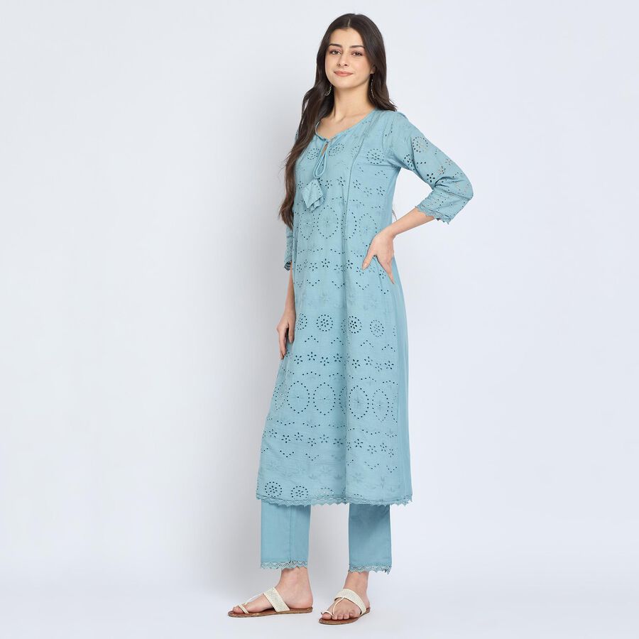 Ladies' 100% Cotton Kurta Pyjama Set, Mid Blue, large image number null