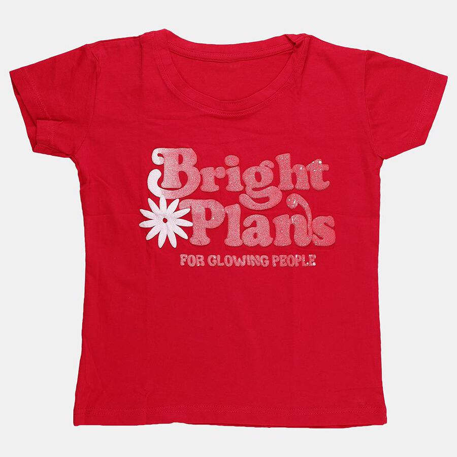 Girls' Fuchsia Cotton Round Neck Graphic Printed T-Shirt, रानी (फ्यूशिया), large