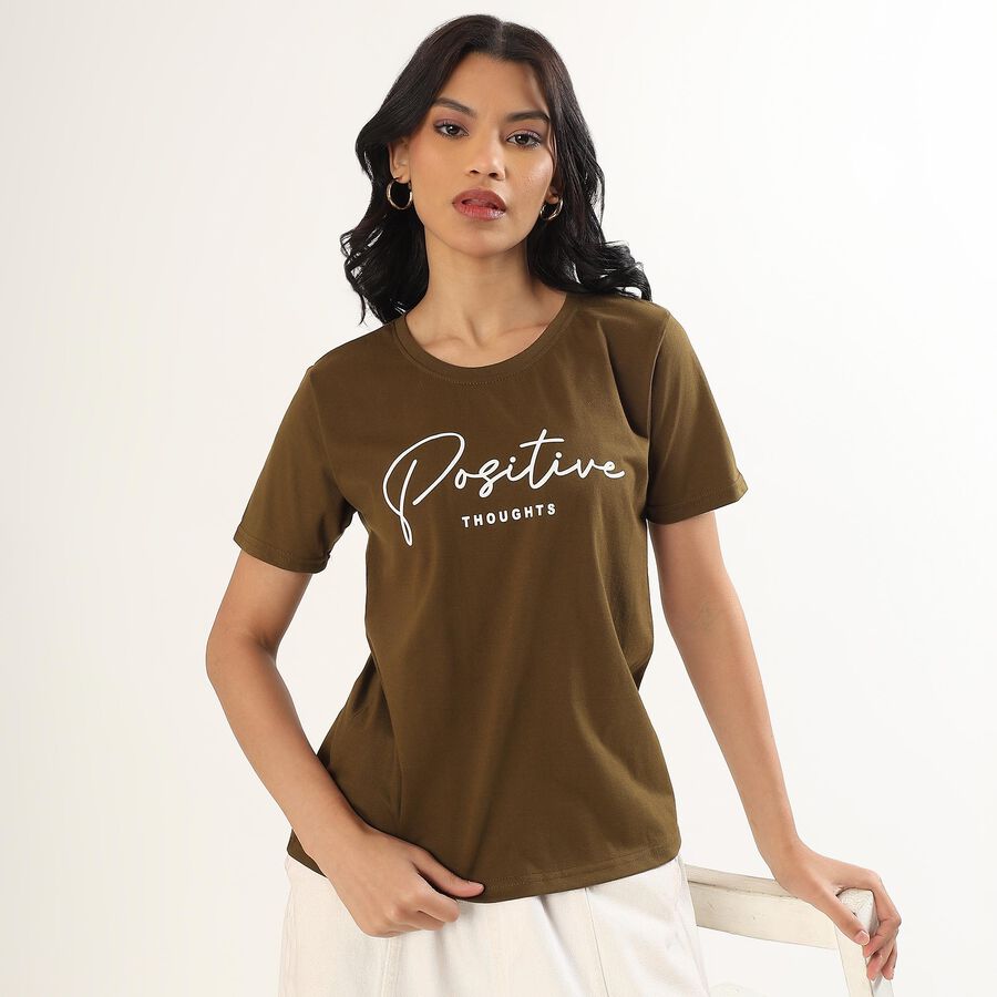 Women's Olive Round Neck Graphic T-Shirt, Olive, large