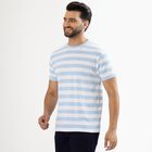 Men's Light Blue and White Round Neck Striped T-Shirt, Sky Blue, small