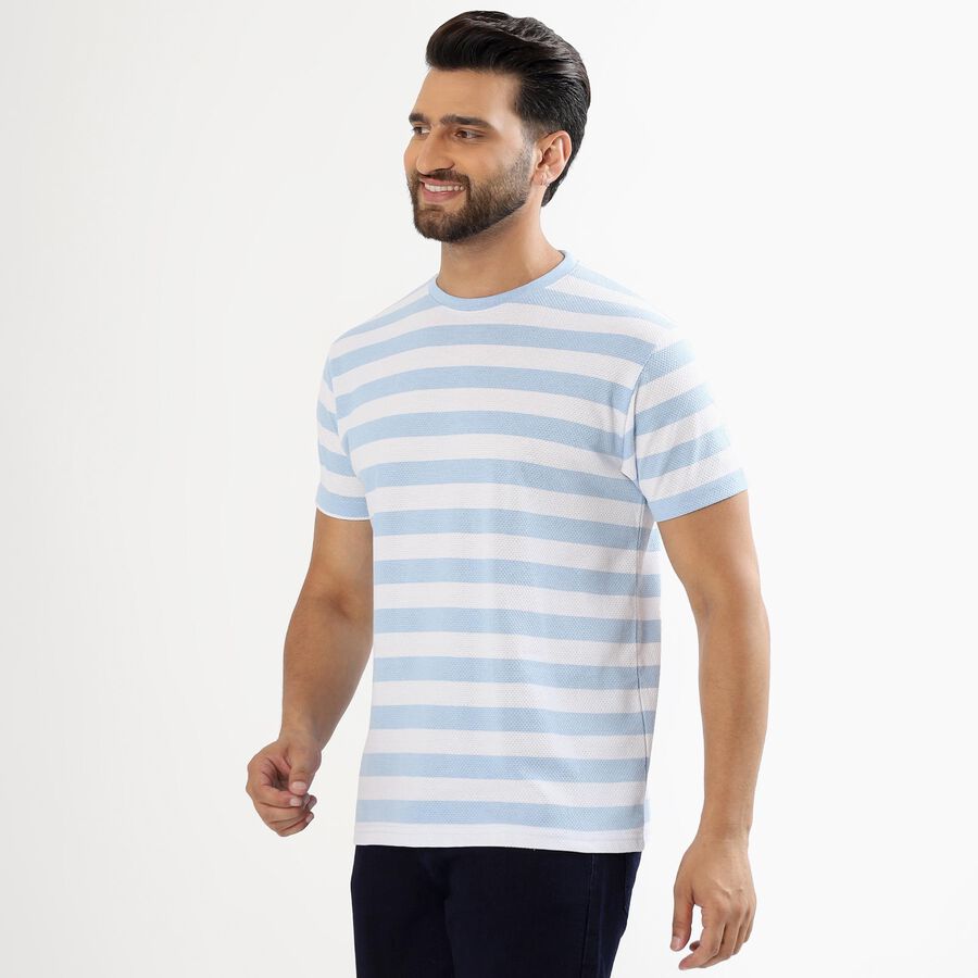 Men's Light Blue and White Round Neck Striped T-Shirt, Sky Blue, large