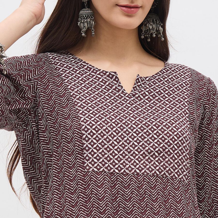 Women's Deep Maroon Notch Neck Printed Kurta, वाइन, large image number null