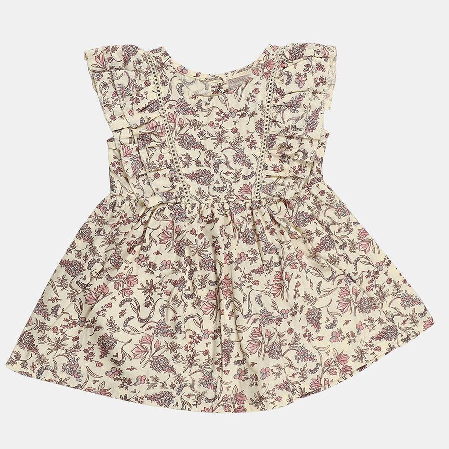 Infants' Beige Floral Printed Ruffle Fit and Flare Frock, Beige, large
