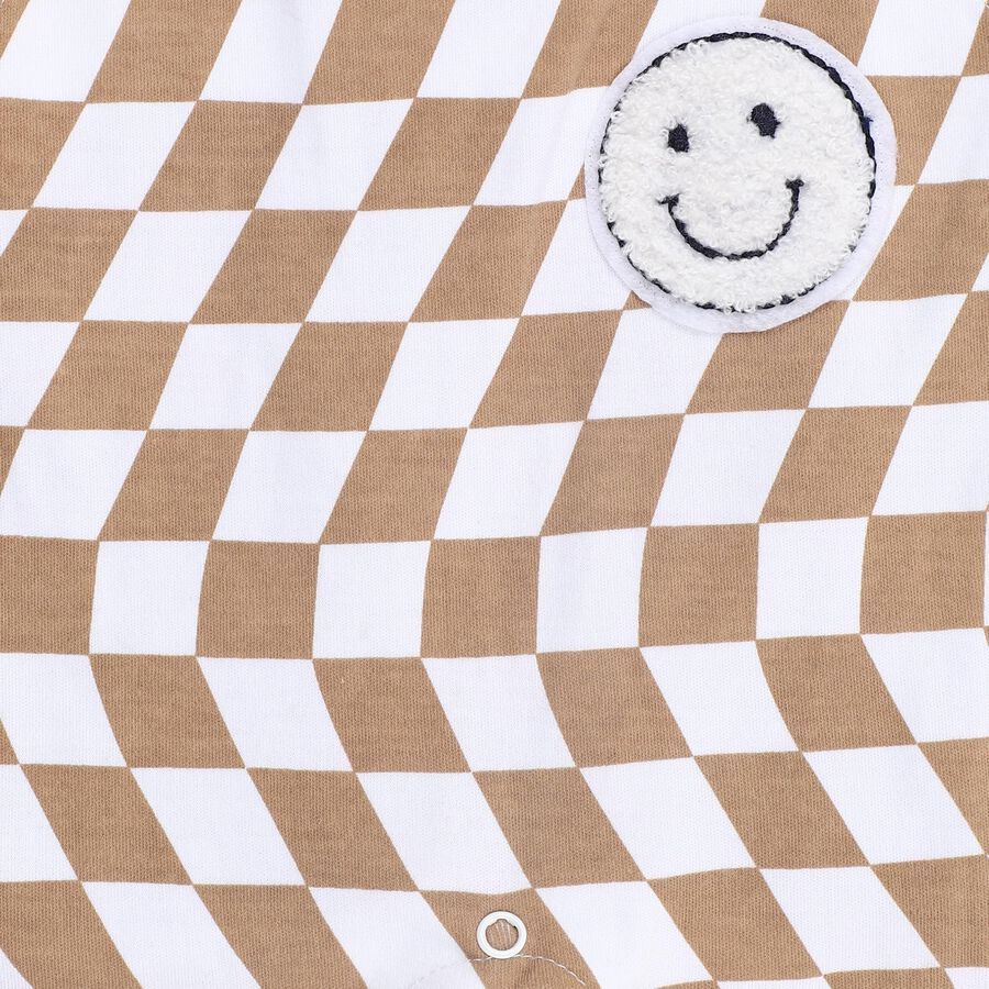 Infants' Beige Cotton Round Neck Checkered Baba Suit, Beige, large