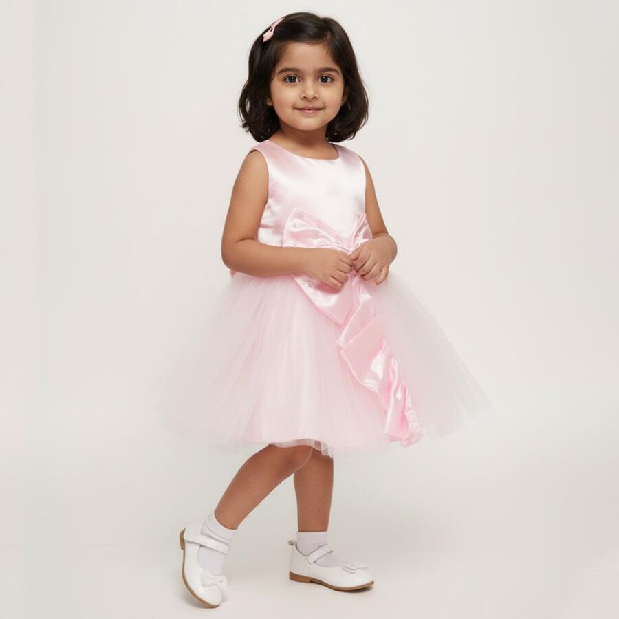 Girls' Light Pink Sleeveless Bow Party Frock, हल्का गुलाबी, large image number null