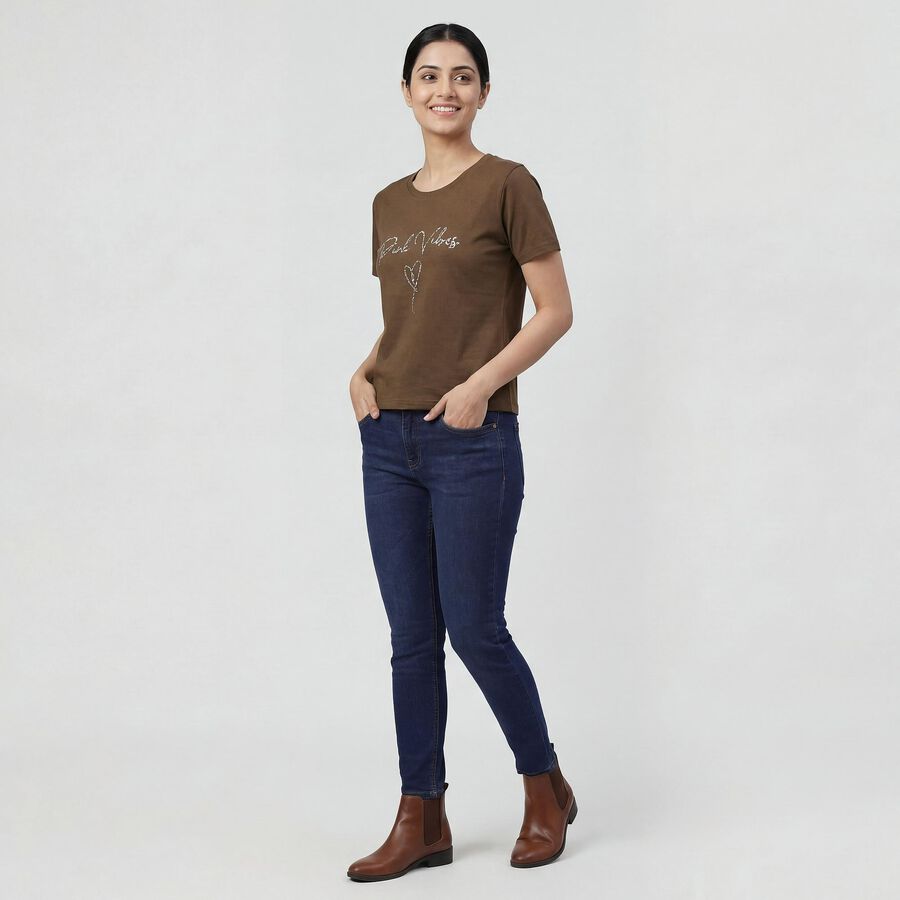 Women's Olive Round Neck Minimalist T-Shirt, ओलिव, large
