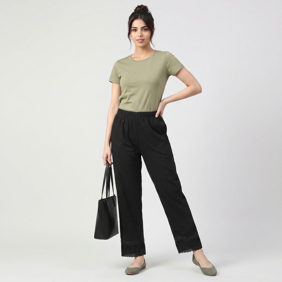 Women's Black Regular Fit Lace Hem Palazzos, Black, large