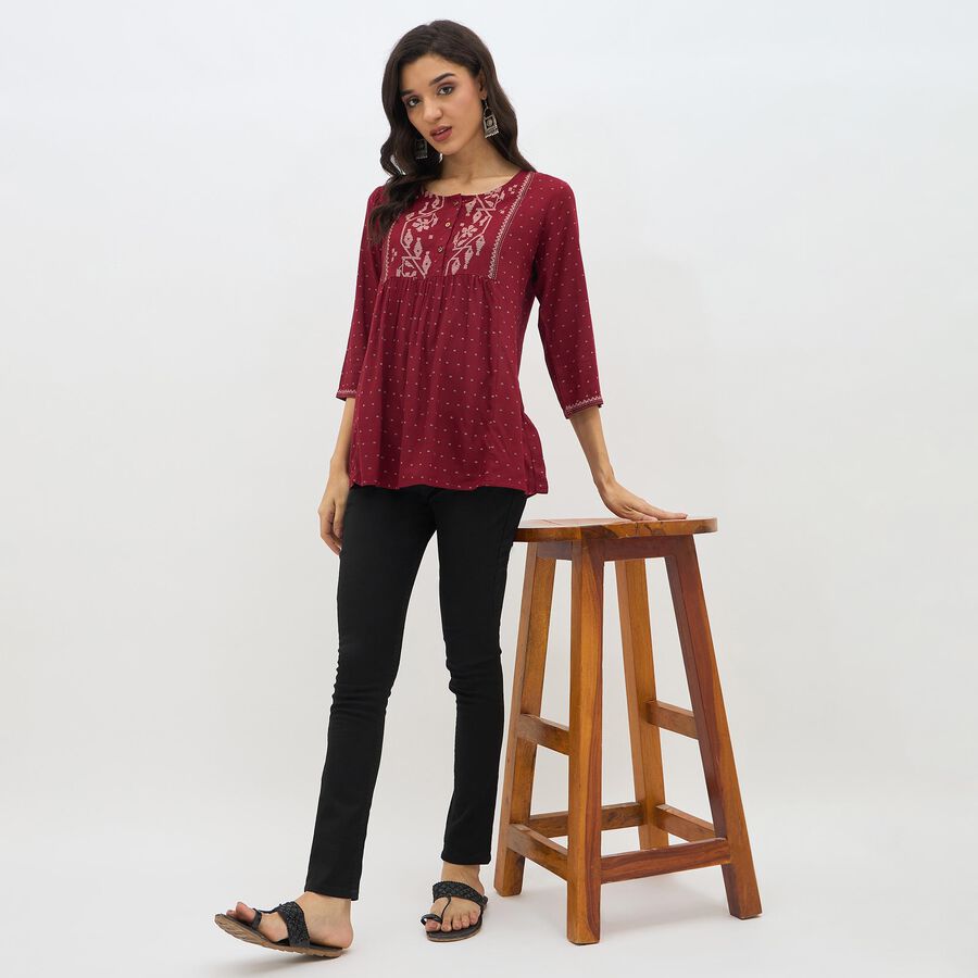 Women's Deep Maroon Round Neck Printed Kurti, मरून, large image number null