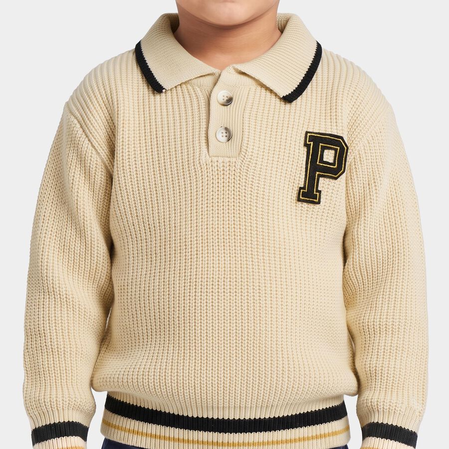 Boys' Cream Polo Collar Long Sleeve Pullover, ऑफ व्हाइट, large