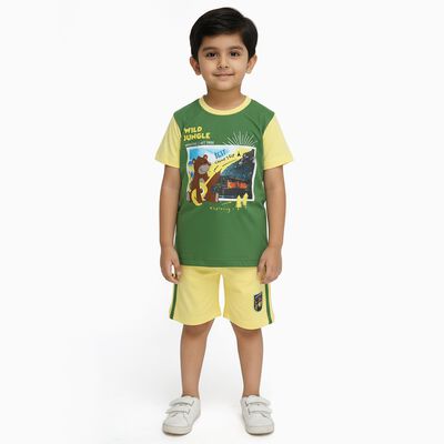 Boys' Dark Green Cotton Round Neck Cartoon Print Baba Suit