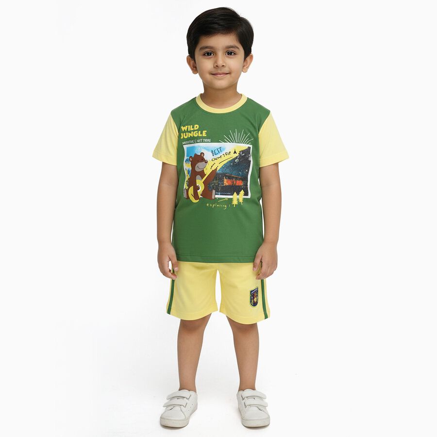Boys' Dark Green Cotton Round Neck Cartoon Print Baba Suit, गहरा हरा, large image number null