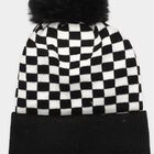 Boys' Black Checkered Pom Pom Beanie Cap, Black, small