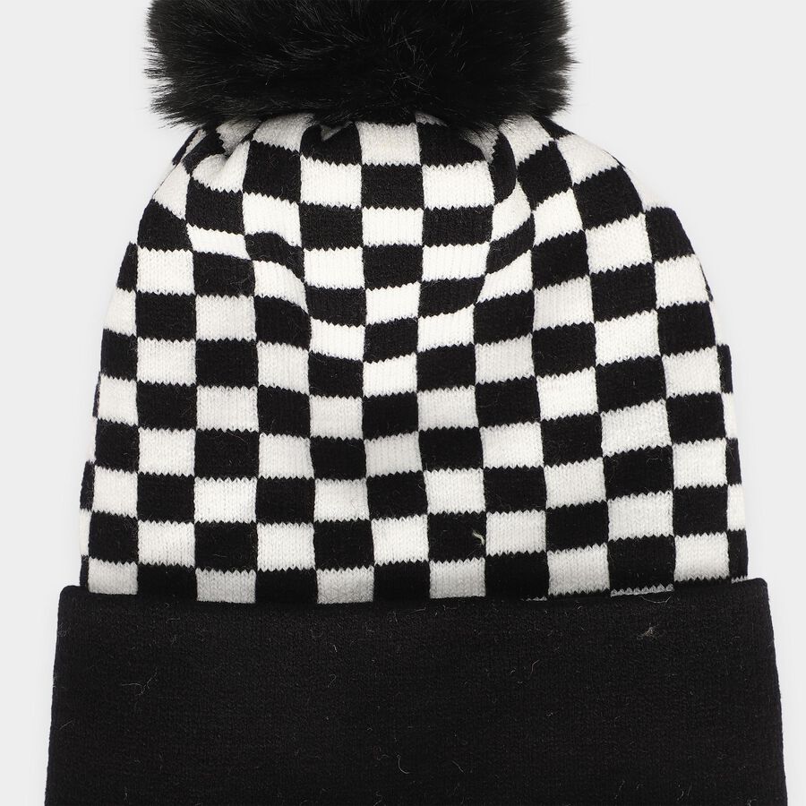 Boys' Black Checkered Pom Pom Beanie Cap, Black, large