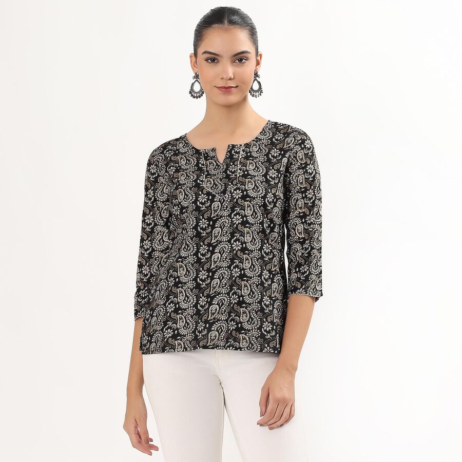 Women's Black Round Neck Printed Kurti, Black, large image number null