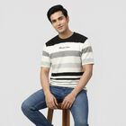 Men's White Round Neck Striped T-Shirt, White, small