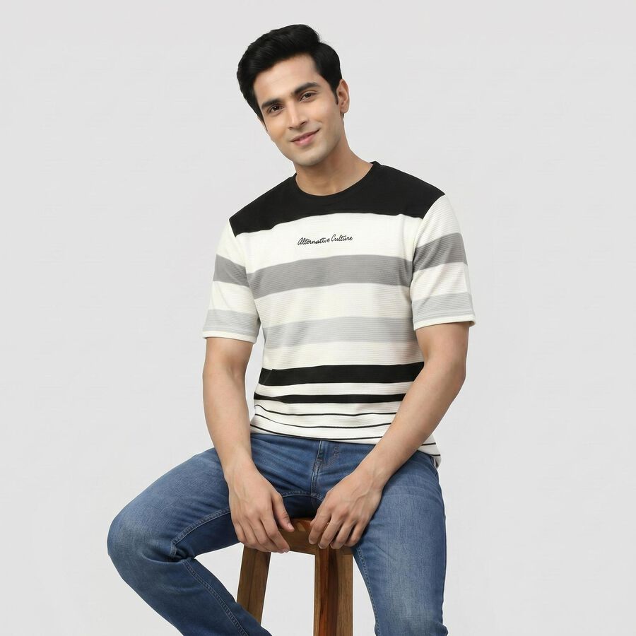 Men's White Round Neck Striped T-Shirt, White, large