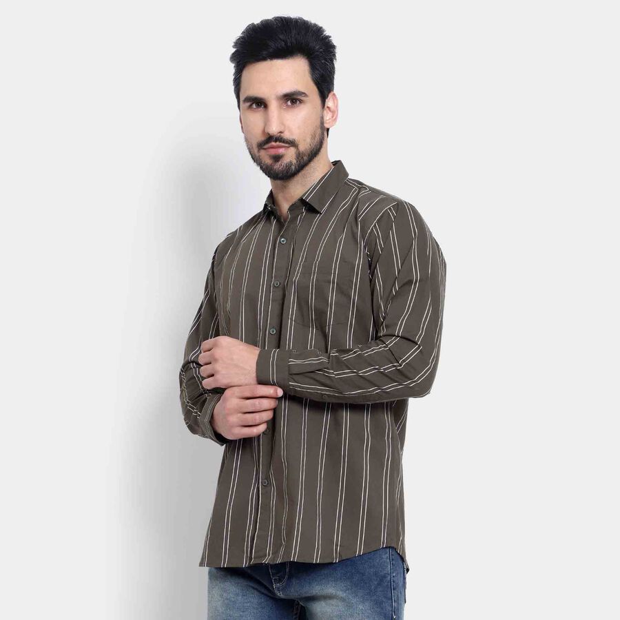 Cotton Stripes Casual Shirt, Dark Green, large image number null