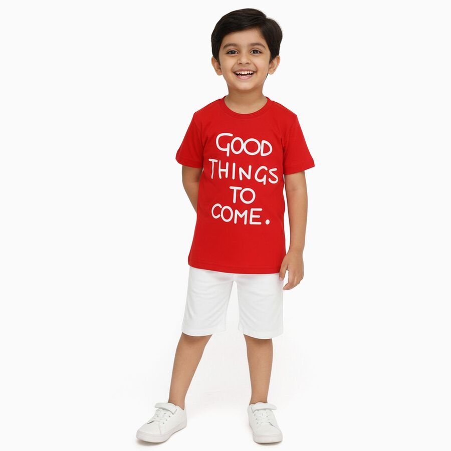 Boys Bright Cherry Red Crew Neck Casual T-Shirt, लाल, large image number null