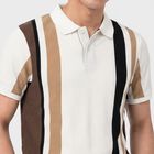 Men's Beige Polo Neck Striped T-Shirt, गहरा पीला, small