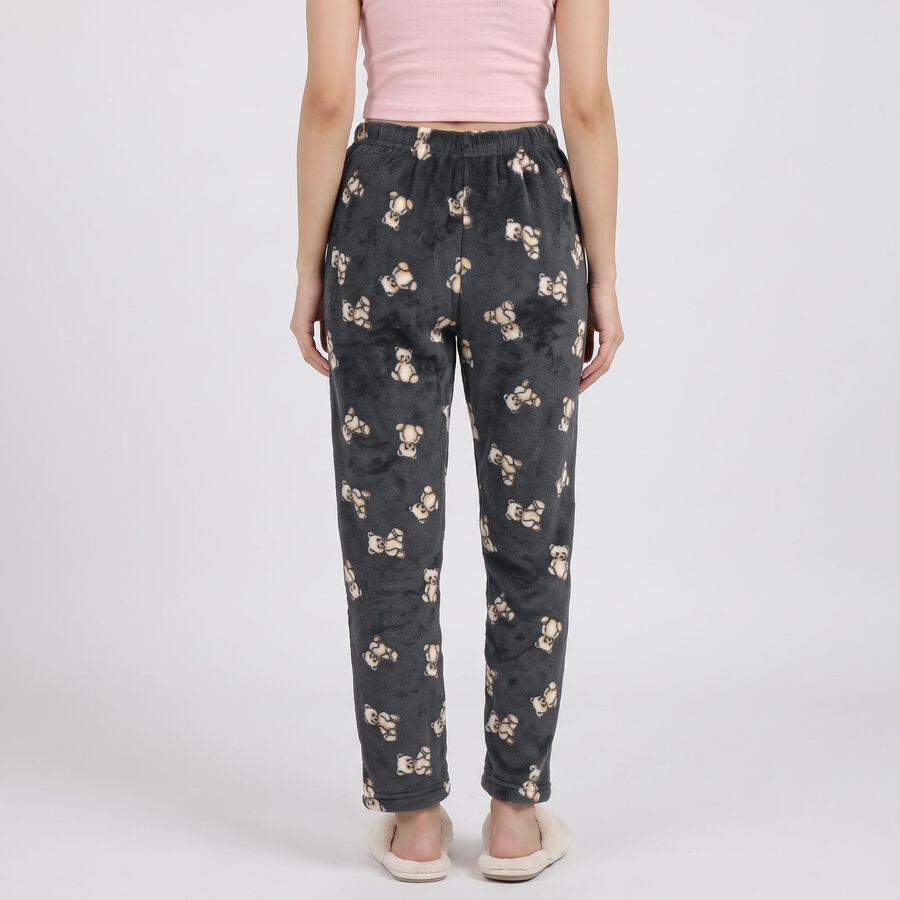 Women's Dark Grey Straight Fit Teddy Printed Lounge Pyjama, गहरा ग्रे, large
