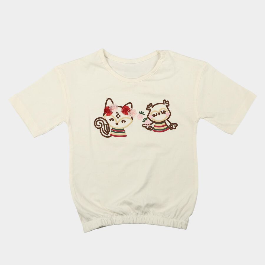 Girls' Off White Cotton Round Neck Regular T-Shirt, Off White, large