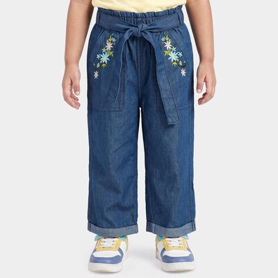 Girls Blue Wide Leg Embroidered Jeans