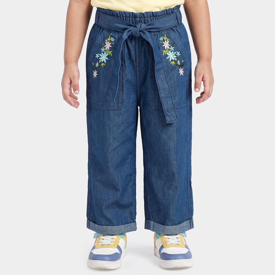 Girls Blue Wide Leg Embroidered Jeans, गहरा नीला, large
