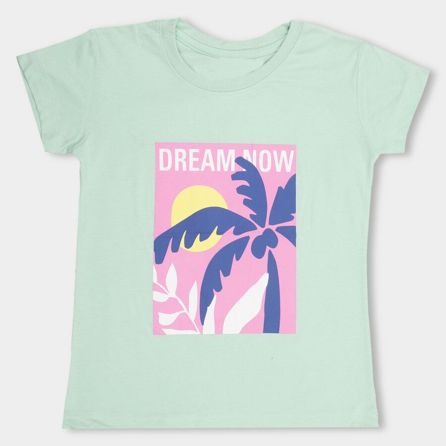 Girls' Light Green Cotton Blend Crew Neck Casual T-Shirt, हल्का हरा, large image number null