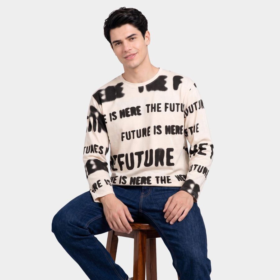 Men's Beige Crew Neck Regular T-Shirt, गहरा पीला, large