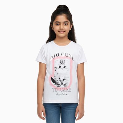 Girls Bright Snow White Cotton Round Neck Casual T-Shirt