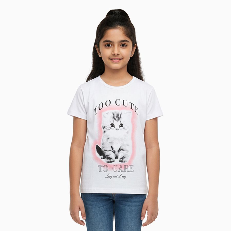 Girls Bright Snow White Cotton Round Neck Casual T-Shirt, सफ़ेद, large image number null