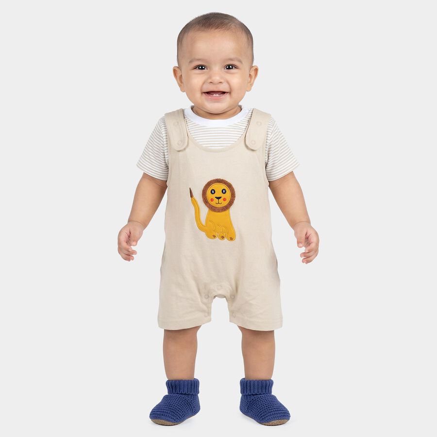 Infants' Beige Cotton Round Neck Lion Embroidered Baba Suit, Beige, large