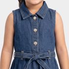 Girls' Navy Blue Tiered Belted Shirt Style Frock, गहरा नीला, small